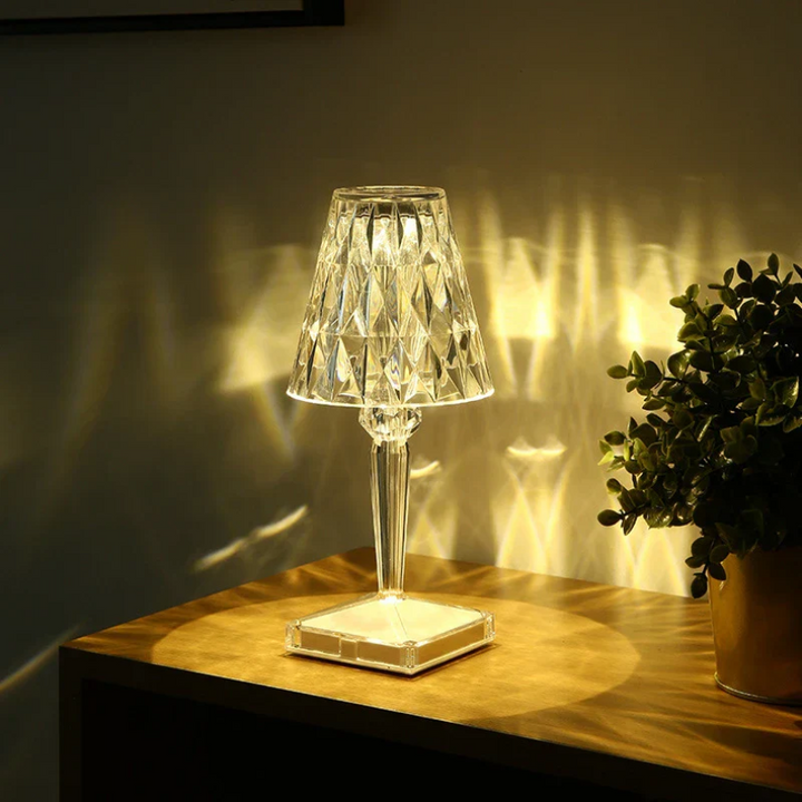 Modern table lamp with sparkling crystals, ideal for glam living room decor.