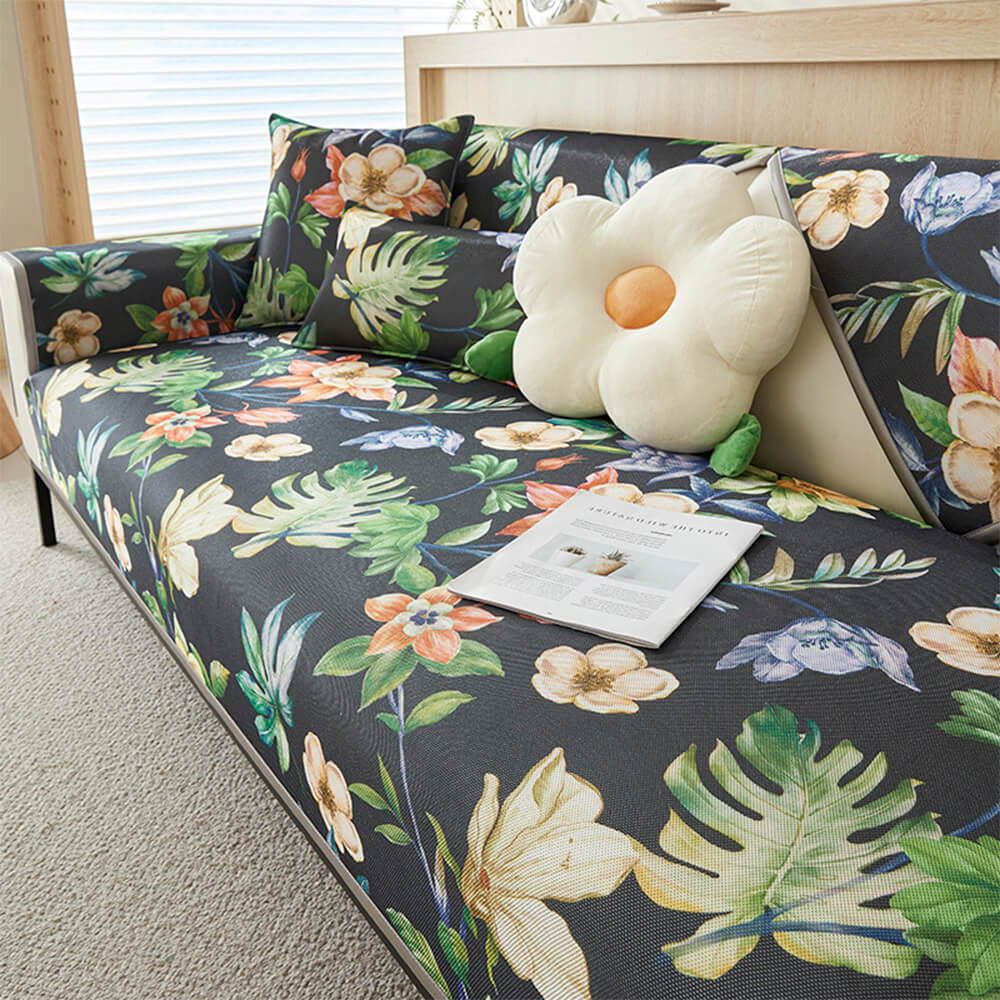 Chic tropical leaf sectional sofa cover, non-slip, ice silk for summer comfort & furniture protection
