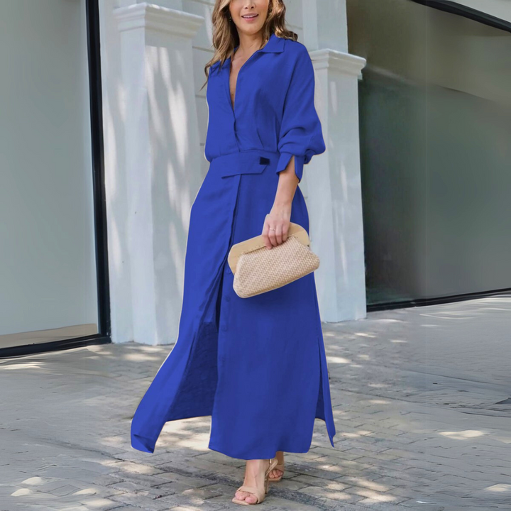 Women's elegant collared maxi shirt dress with a matching belt, suitable for wedding guests, brunch, or day events.