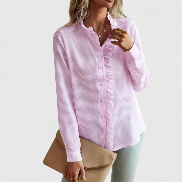 Chic women's long sleeve blouse with stand collar & loose fit. Elegant and versatile for work or casual wear.