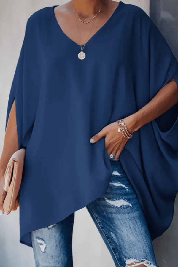 Lightweight blue pleated women's blouse, comfortable for spring casual & office wear.