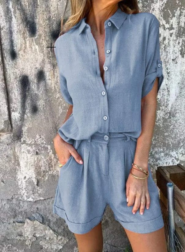 Stylish women's two-piece summer ensemble. Relaxed fit for chic casual wear & versatile warm weather fashion.