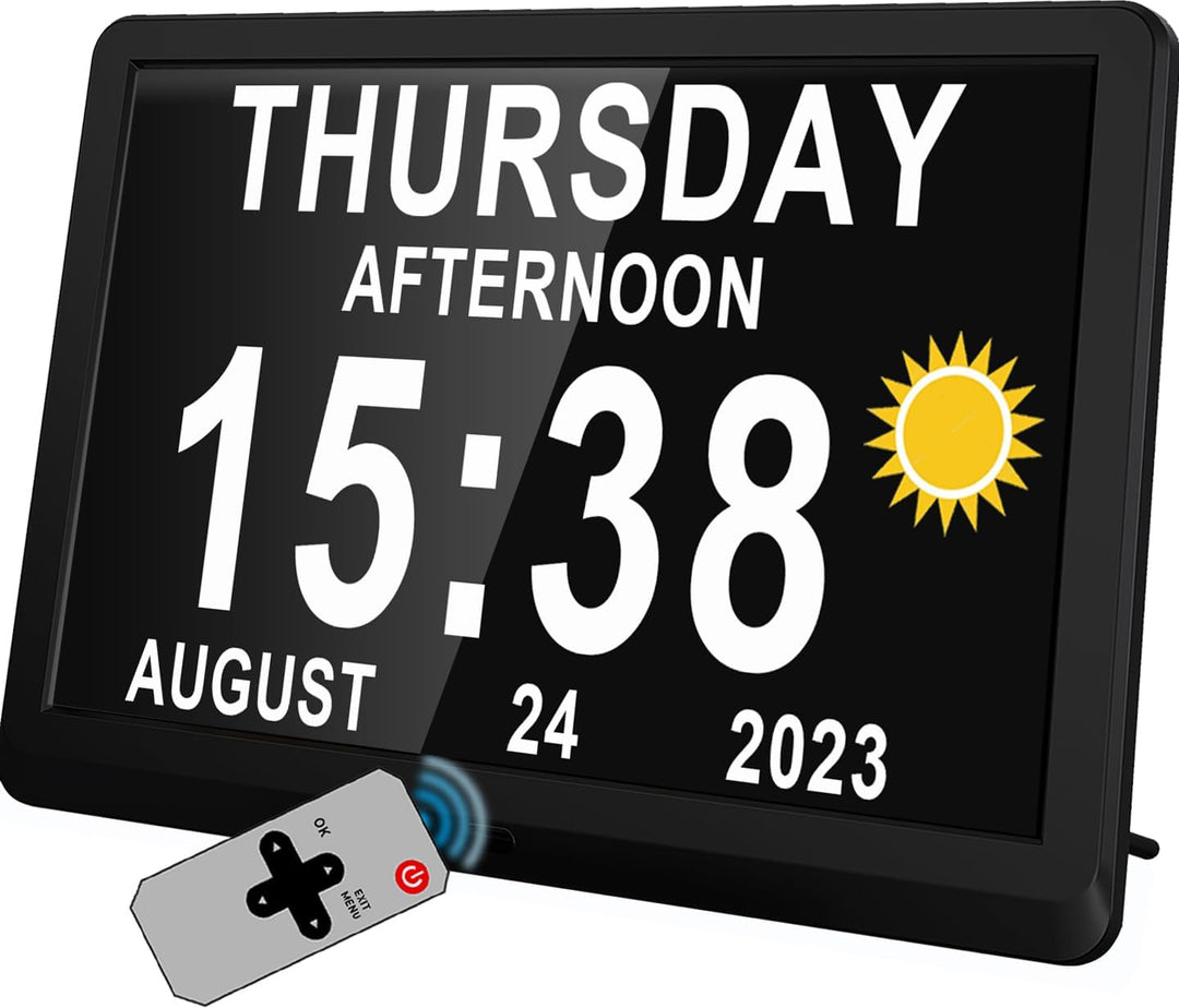 Claryon 11.5" Easy-Read Digital Day Clock with 19 Daily Reminders, perfect for seniors & memory aid.