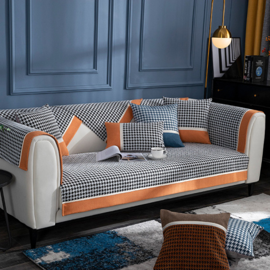 Classic chenille sofa protective furniture cover in houndstooth pattern, pet friendly and washable