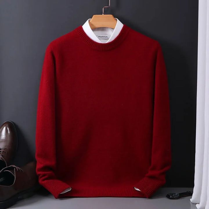 Durable men's long sleeve knit sweater with a classic crew neck, essential for versatile winter fashion.