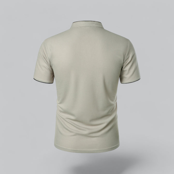 Smart casual men's polo top, classic button placket, short sleeves, comfortable fit.