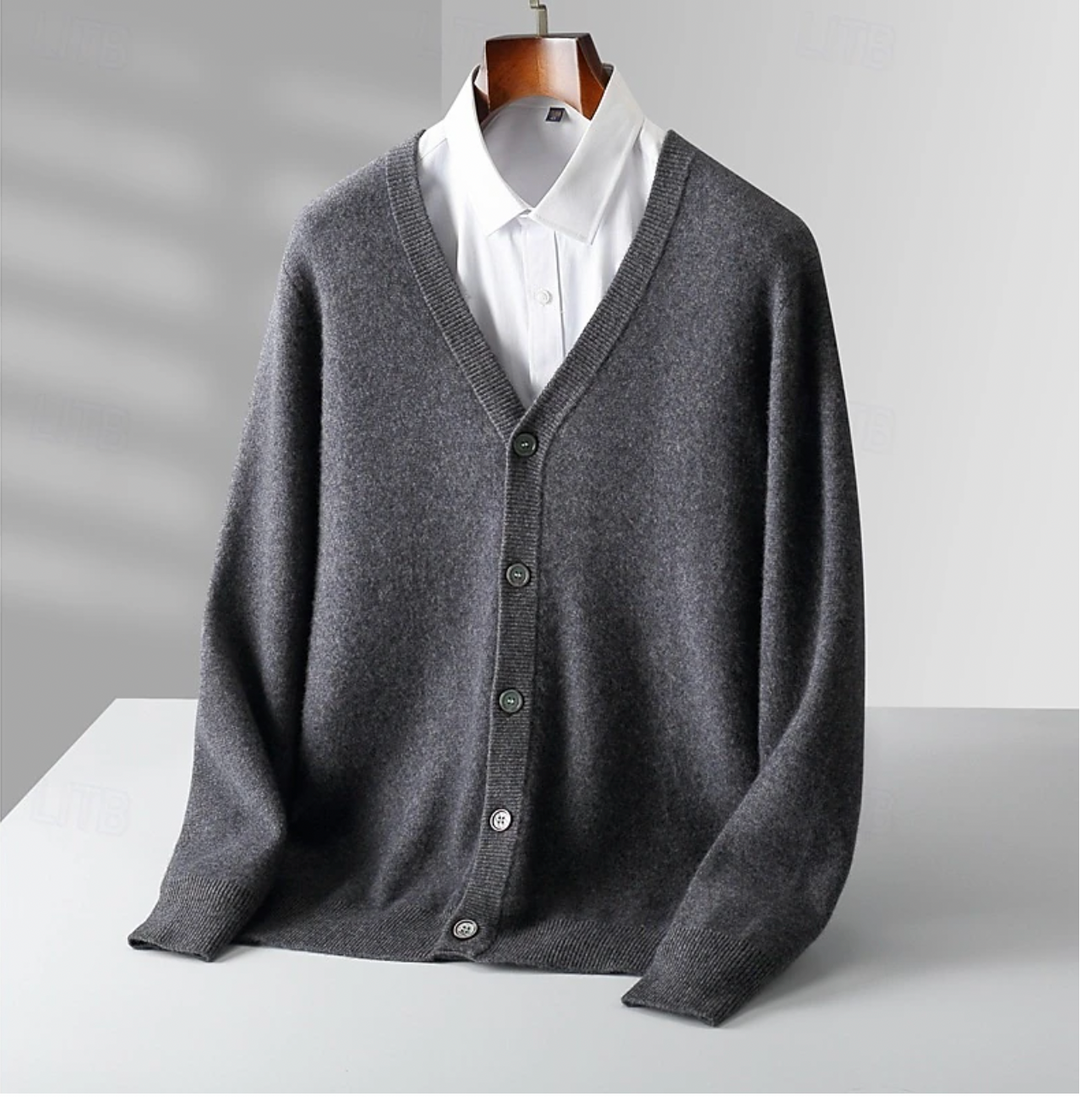 Versatile men's classic v-neck cardigan, perfect for all-season layering. Smart casual knitwear with a relaxed, button-up fit.