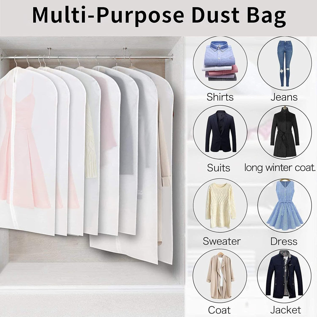 Keep clothes fresh with 12 PEVA garment bags. Clear design for suits, dresses, coats.