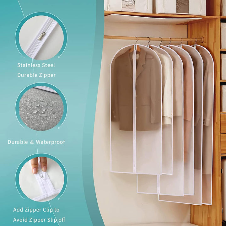 Unisex 12-pack clear garment bags for clothes protection. Ideal for suits, dresses, and travel.