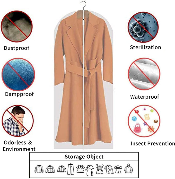 12-pack clear dust covers for clothes. PEVA garment bags for suits, dresses. Wardrobe essential.