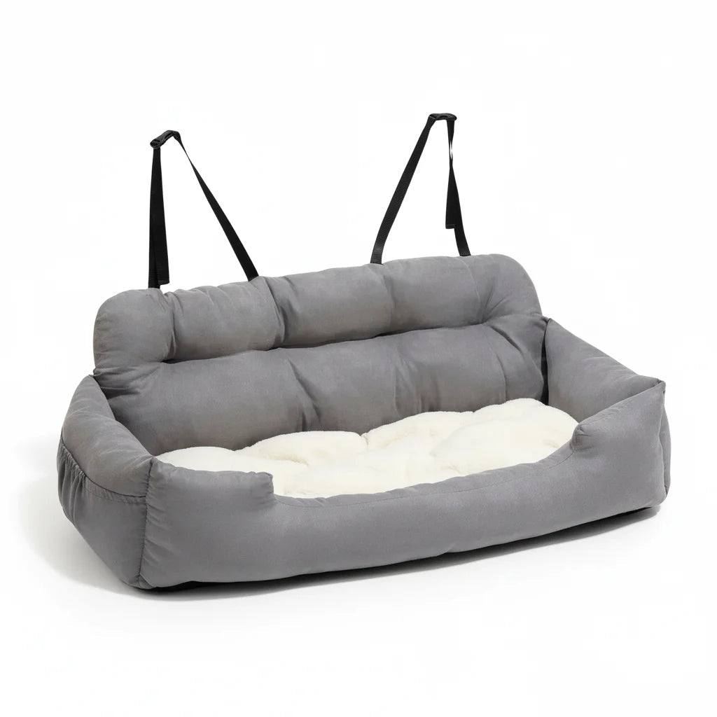 Close-up of a gray bolster pet car seat dog bed for travel, plush comfort for small to medium dogs.