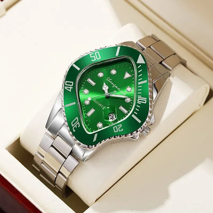 Close-up of Men's Distinctive Warp Dial Stainless Steel Quartz Watch; luxury fashion accessory.