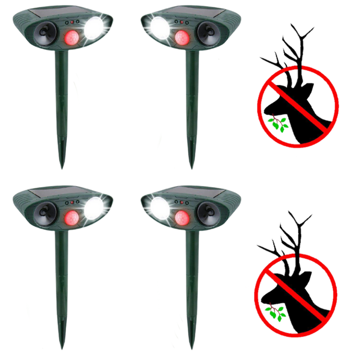 Close-up of the ultrasonic deer repeller, showing solar panel. Effective garden pest control.