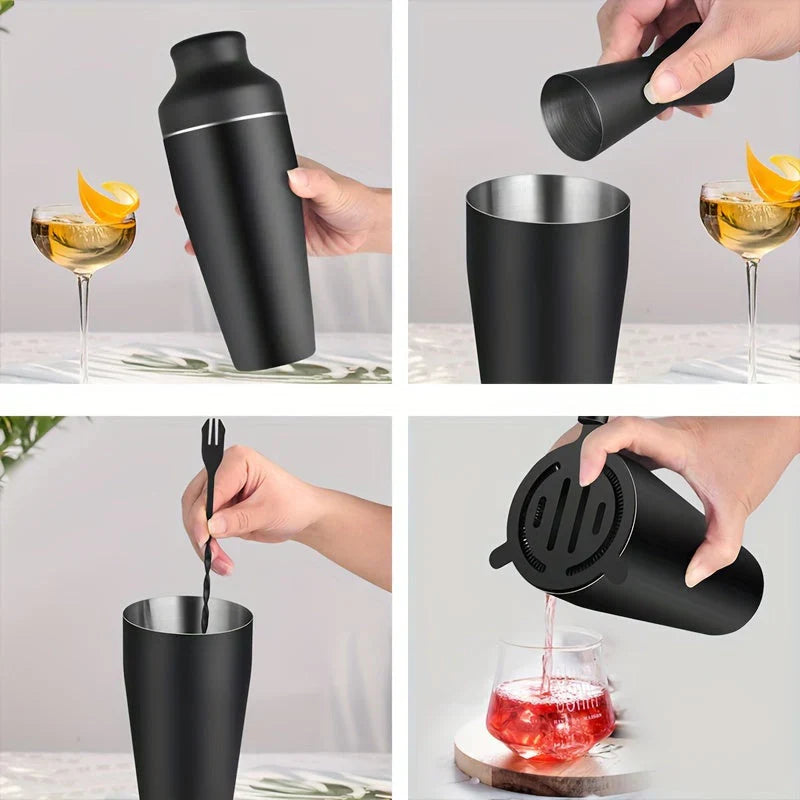 "Cocktailset aus Edelstahl mit Shaker, Strainer und Muddler, stilvolles Design, ideal für Hausbar und Cocktailabende."