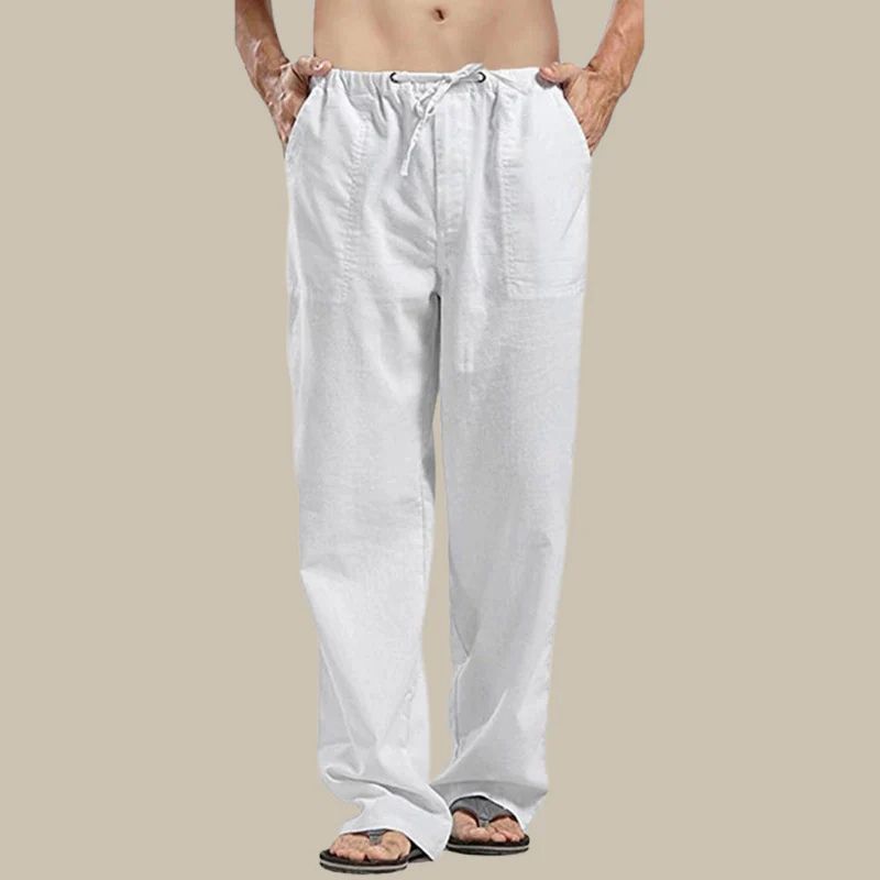 Relaxed fit men's straight-cut summer pants with an adjustable drawstring waist for ultimate casual comfort.
