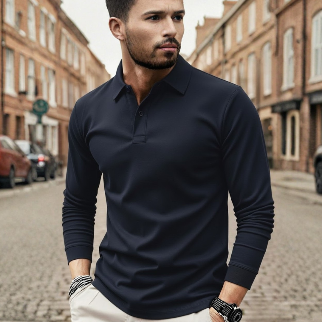 Stylish men's loose fit long sleeve solid color polo, a comfortable casual top for everyday wear.