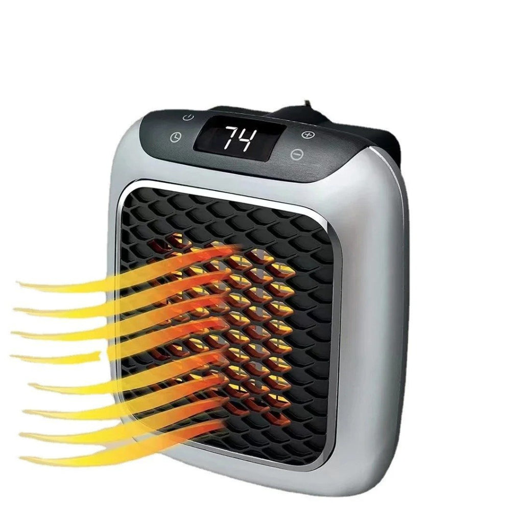 Mini portable wall heater, electric ceramic plug-in design for personal spaces, includes convenient remote control.