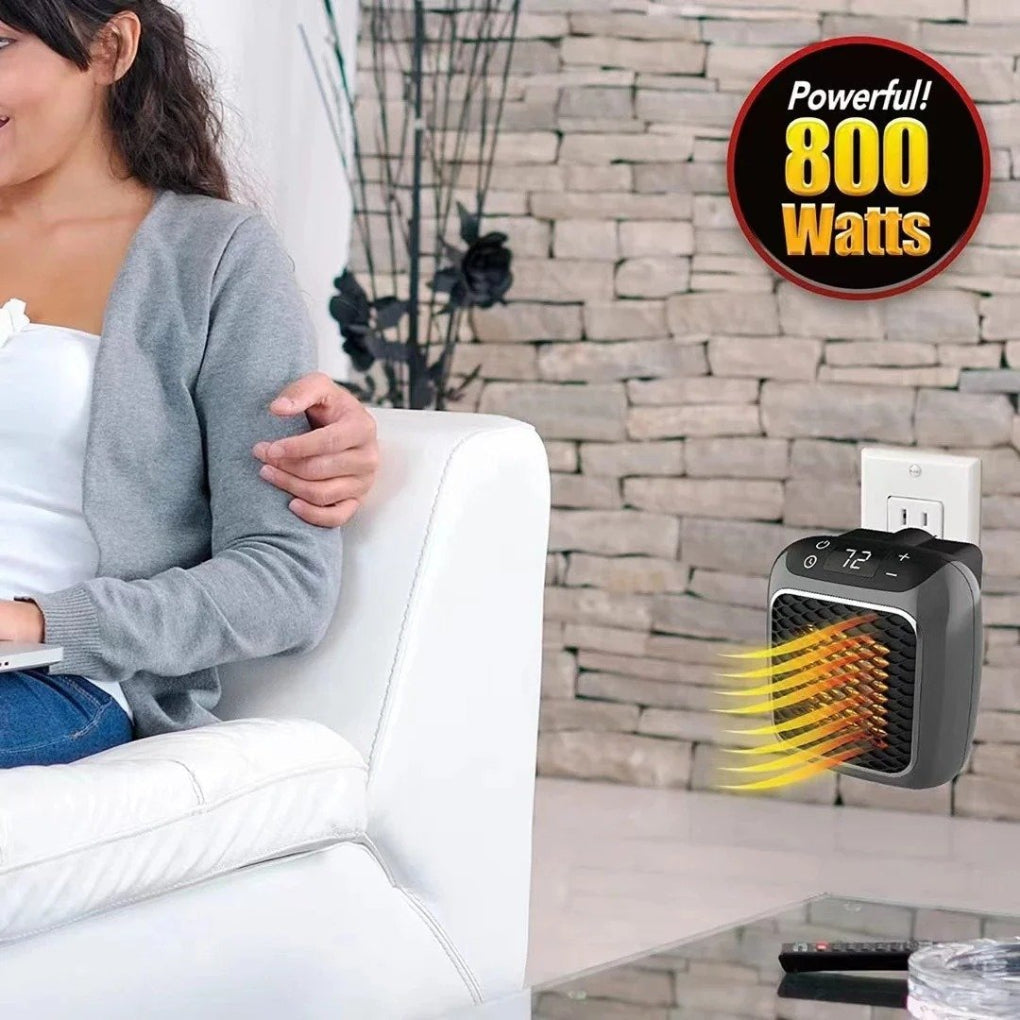 Get cozy with this mini wall plug heater for personal spaces, offering warm comfort with convenient remote control.