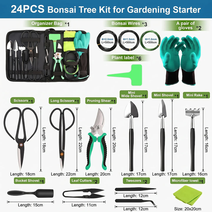 High-quality 24-piece bonsai tool kit including rakes, shears, and wire cutters for detailed plant maintenance.