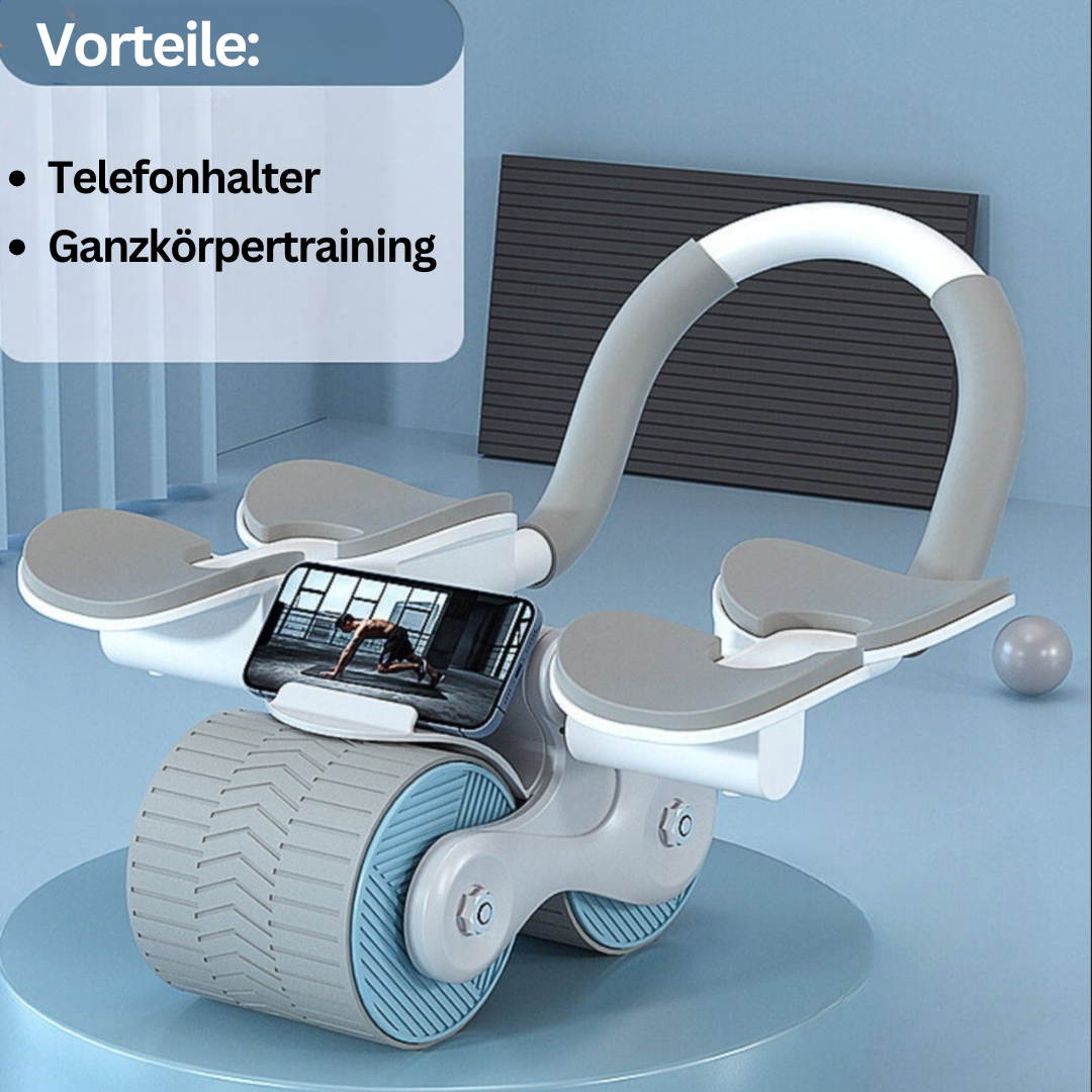 "CoreRoller Max Bauchmuskeltrainer, kompakt, silber-blau, mit EVA-Griffen für effektives Core-Training zu Hause."