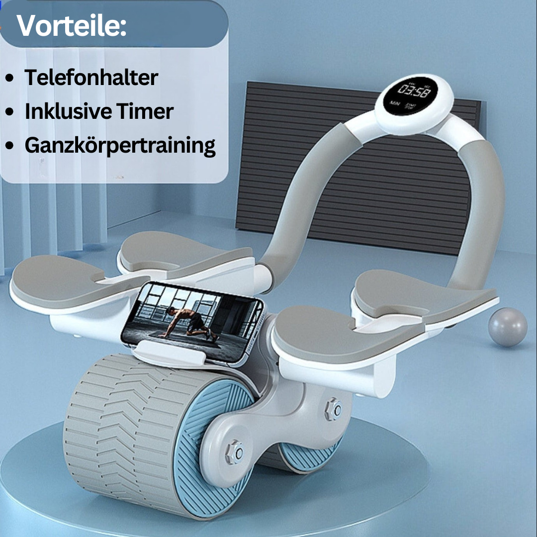 "CoreRoller Max Bauchmuskeltrainer, kompakt, silber-blau, mit EVA-Griffen für effektives Core-Training zu Hause."