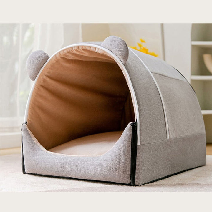 Cozy 2-in-1 pet bed with bear ears, convertible dog house or lounge mat for small pets