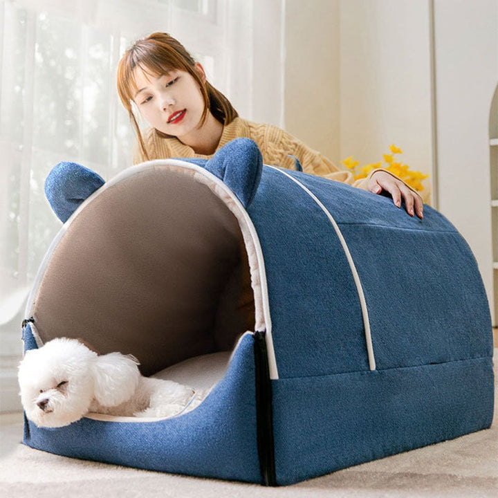 Cozy 2-in-1 pet cave bed in light gray with cute bear ears, perfect for cats or small dogs, providing warmth and security.