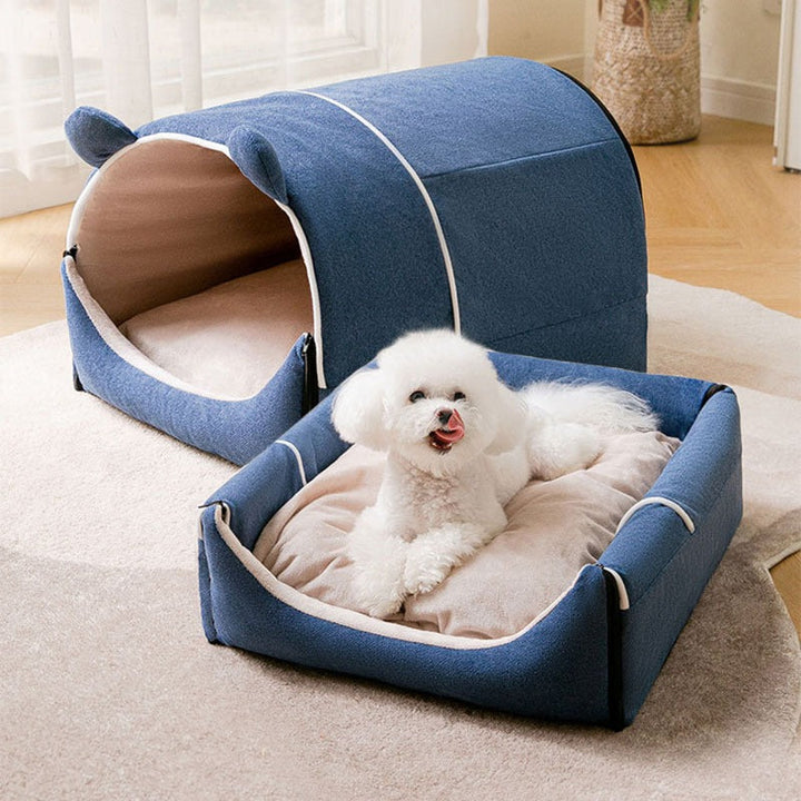 Luxurious pet cave bed with bear ears, a large and soft sanctuary for cats and small dogs, enhancing any pet-friendly home.