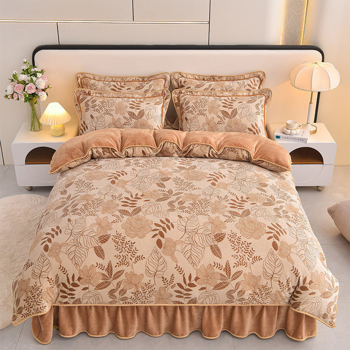 Warm milk velvet bed sheet set with a lovely botanical print, home decor.