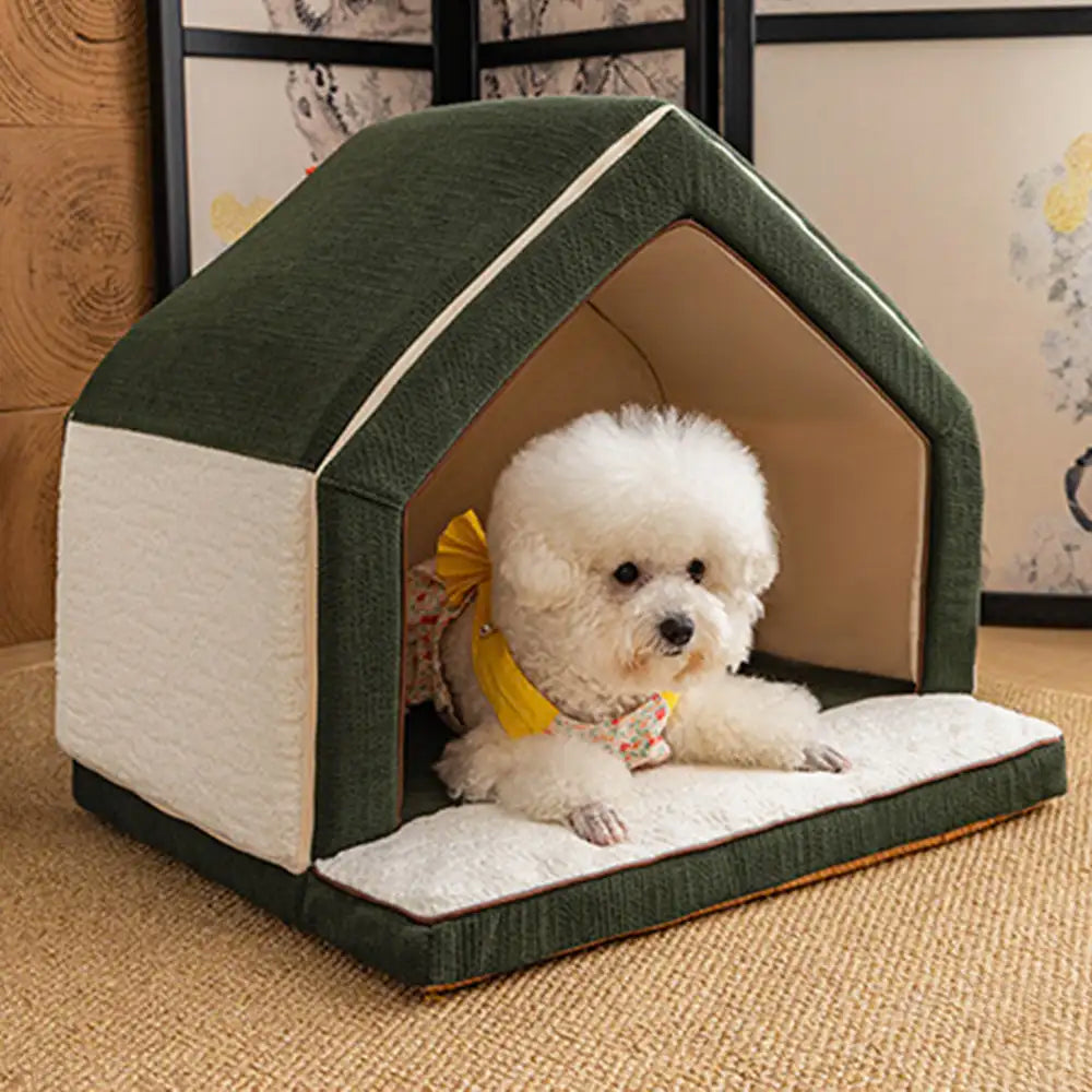 Pet cave bed for anxiety relief, washable plush, enclosed design for dogs & cats