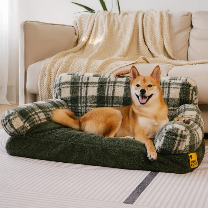 Cozy calming sofa bed for small dogs & cats, washable plush checkered design
