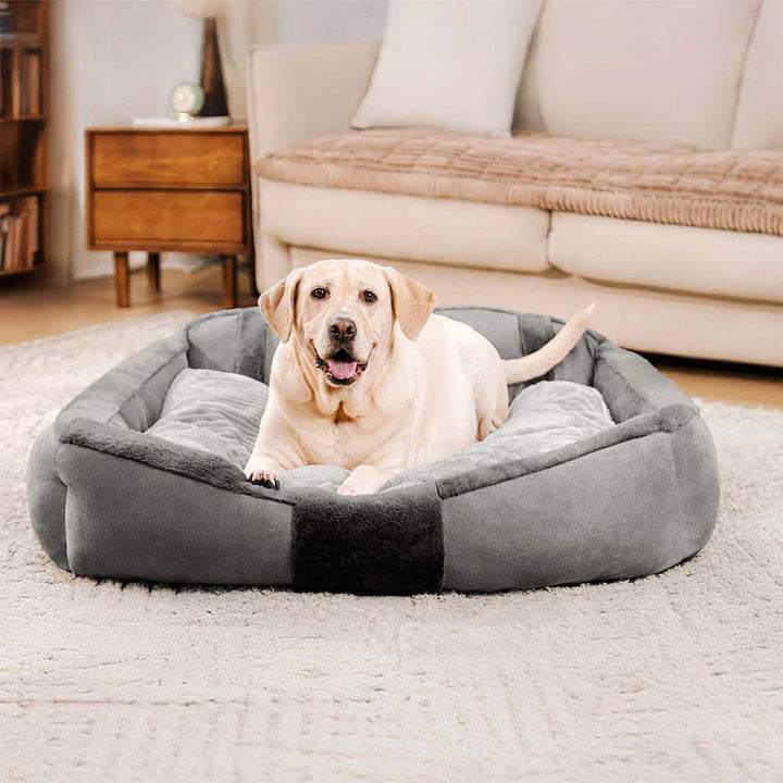 Detailed shot of the anti-slip bottom of a calming dog bed, ensuring stability and safety.
