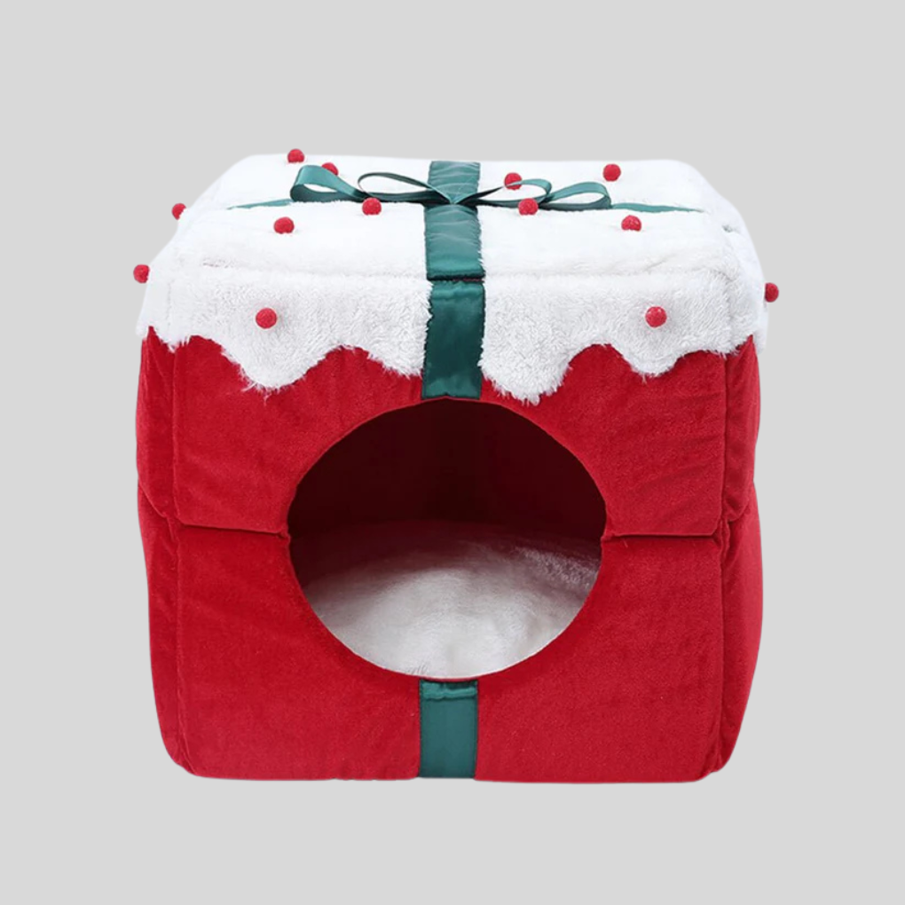 Cozy covered pet bed with festive Christmas pattern and non-slip base for dogs and cats