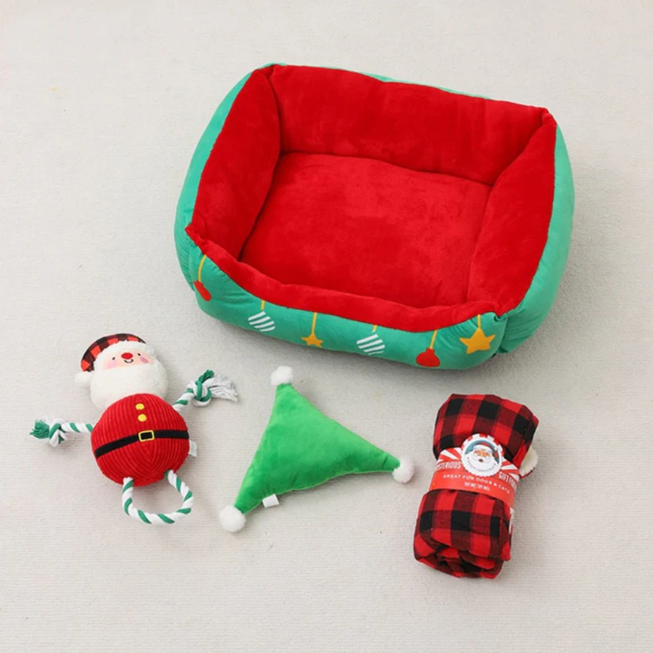 Holiday-themed pet cave bed with soft cushioning and a non-slip bottom for small pets