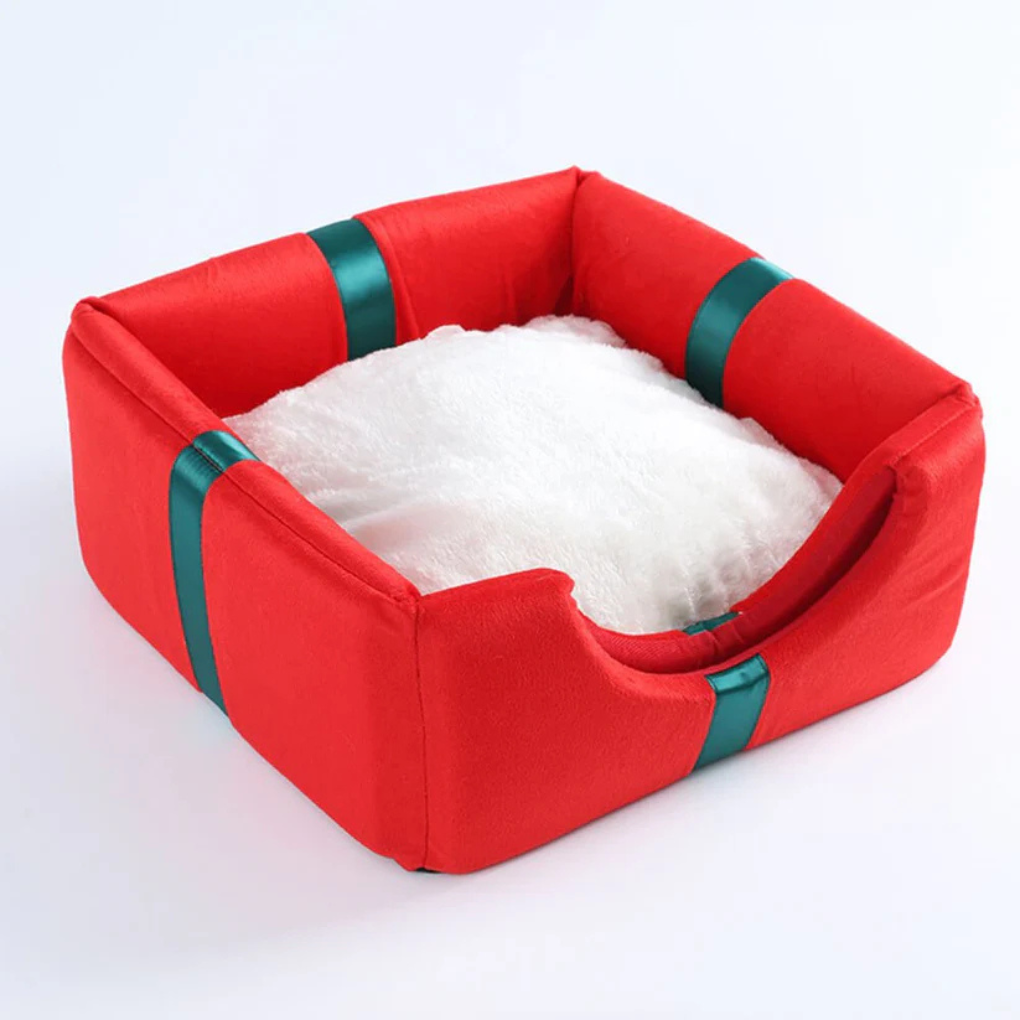 Festive red and white Christmas pet bed, covered pet cave design with non-slip base, cozy