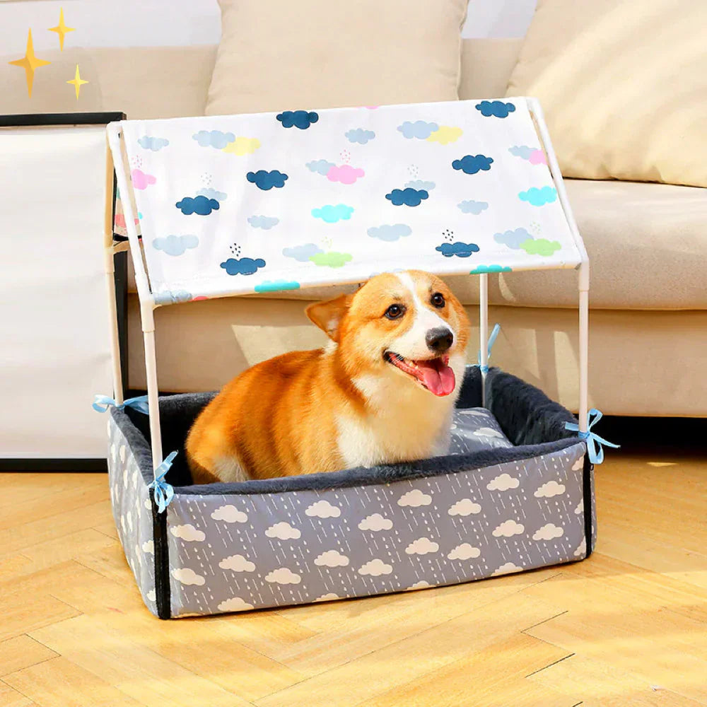 Soft fleece pet bed with roof for comfort and security, dog and cat friendly, grey, animal comfort
