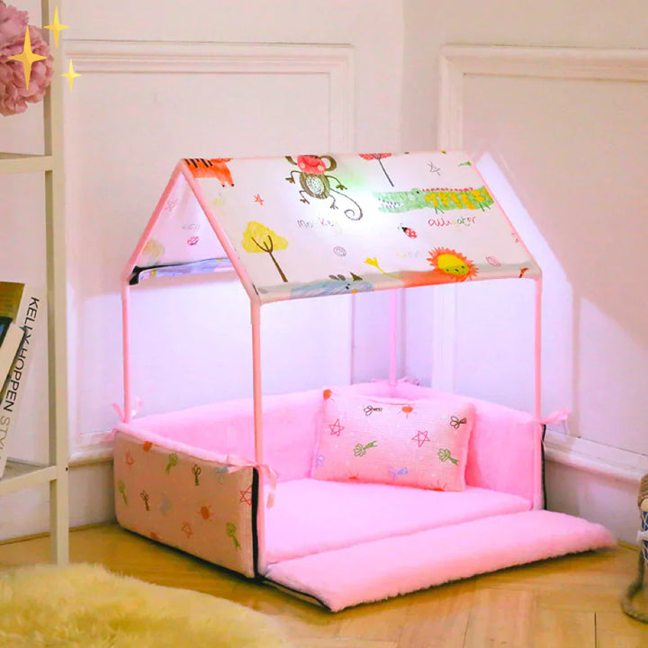 Pet comfort bed featuring a fleece sleep mat and a protective roof, washable dog and cat furniture