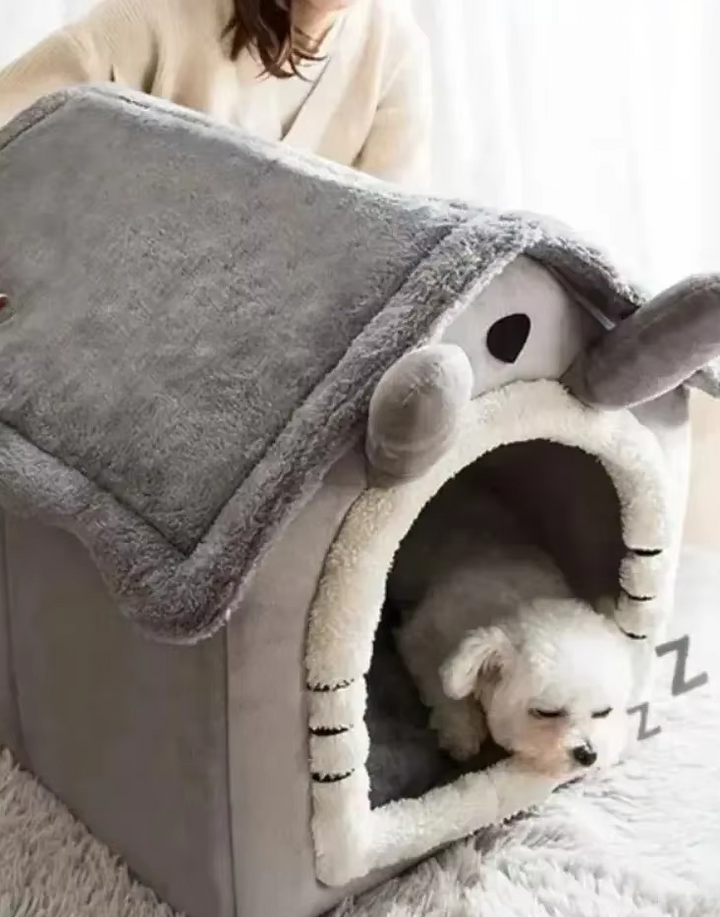 Cozy gray enclosed pet bed for small dogs & cats, offering warming comfort and security
