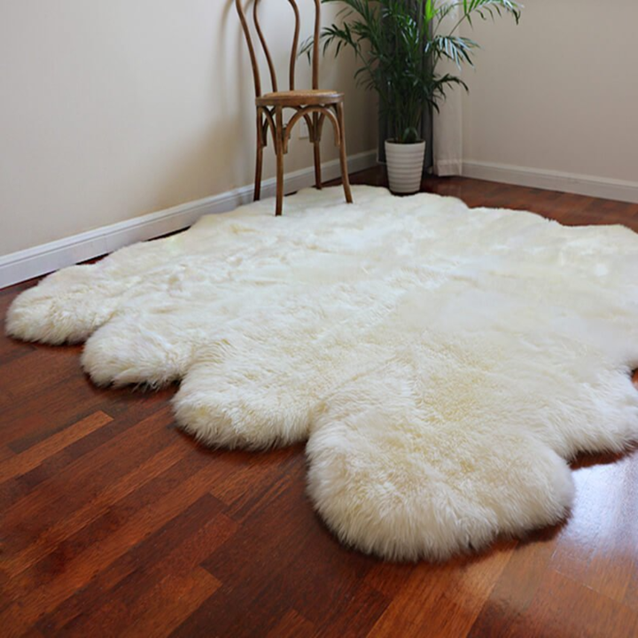 Cozy long pile faux sheepskin area rug, perfect for a modern living room or bedroom decor