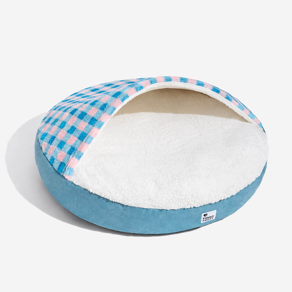 Dream hideaway dog bed with canopy, plush round design, ultimate comfort for pets.