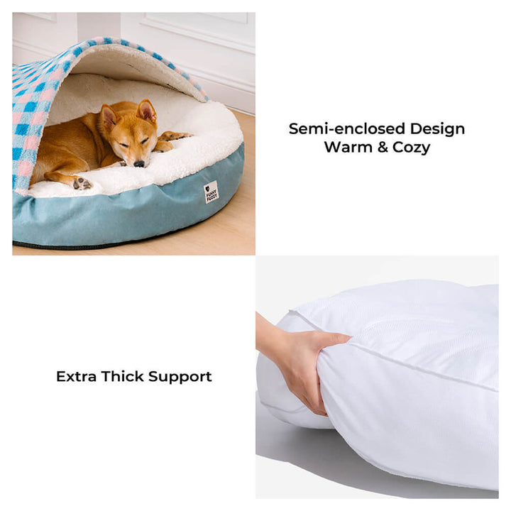 Washable plush round dog bed, dream hideaway design with protective canopy cover.