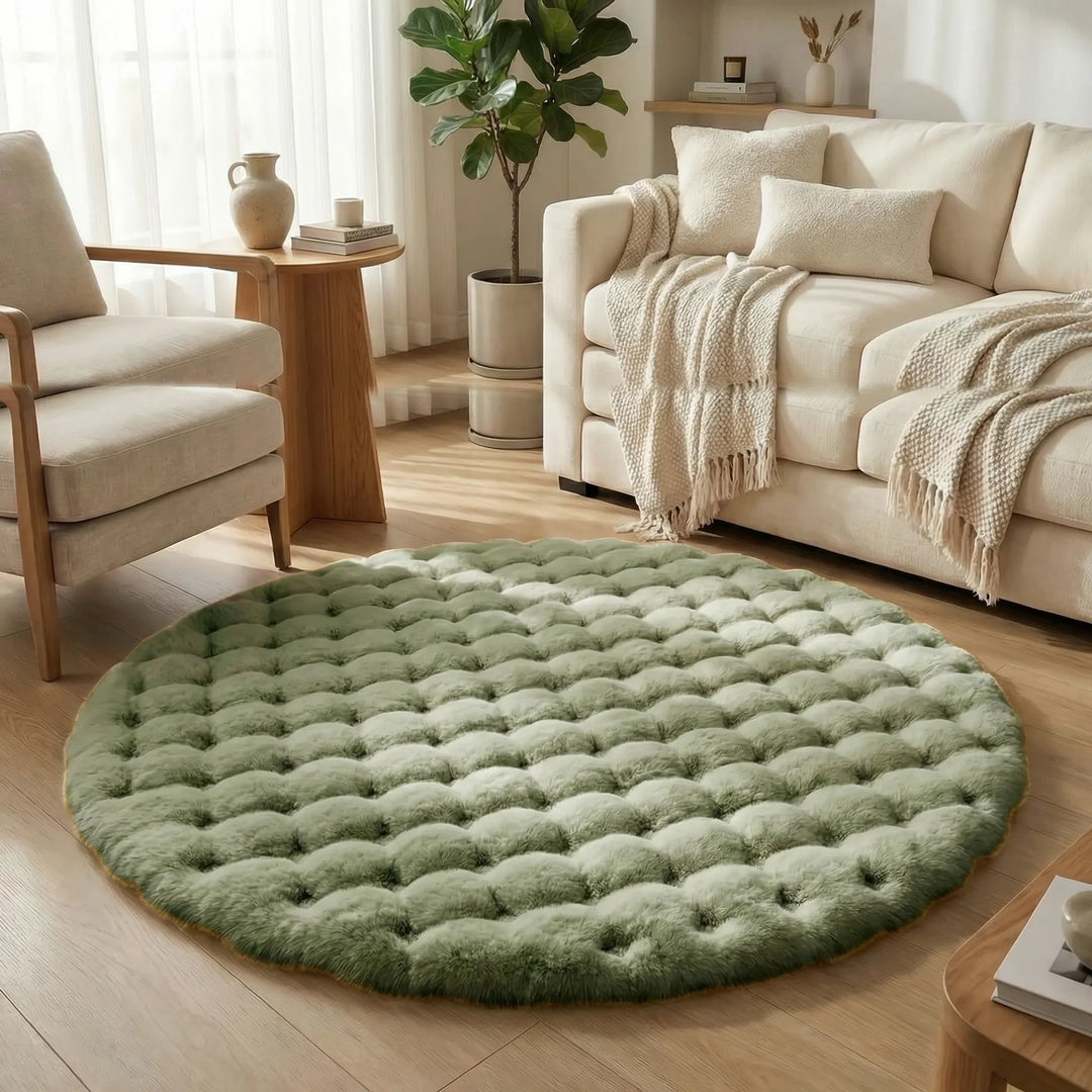 Decorative round plush area rug. Flowique wave pattern creates a cozy, inviting focal point for home interiors.