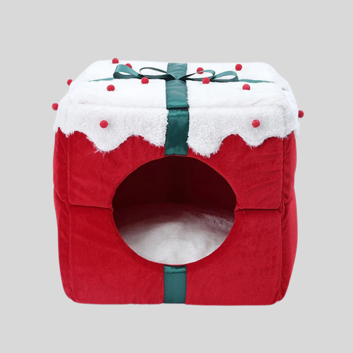Cozy semi-enclosed Christmas holiday pet bed for dog or cat with plush interior
