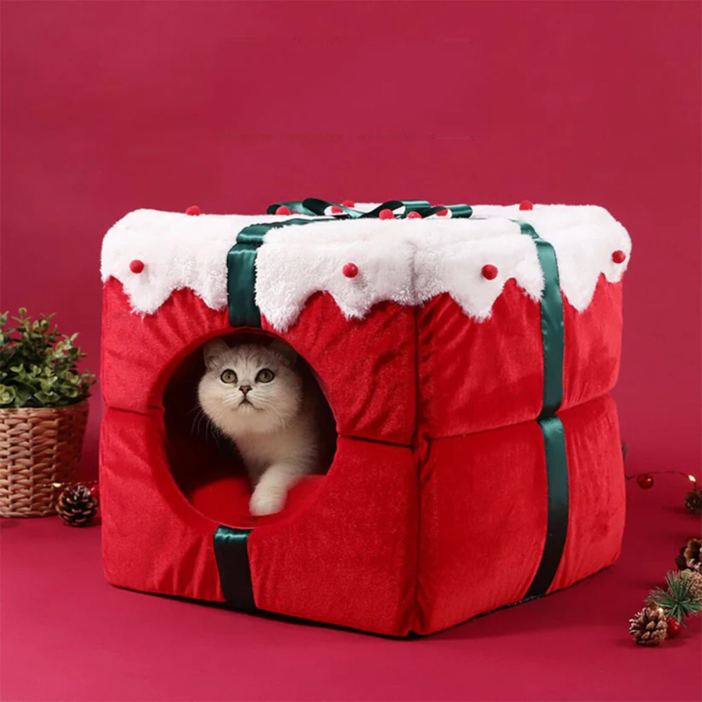 Plush semi-enclosed pet bed with holiday theme, offering cozy comfort for cats and small dogs