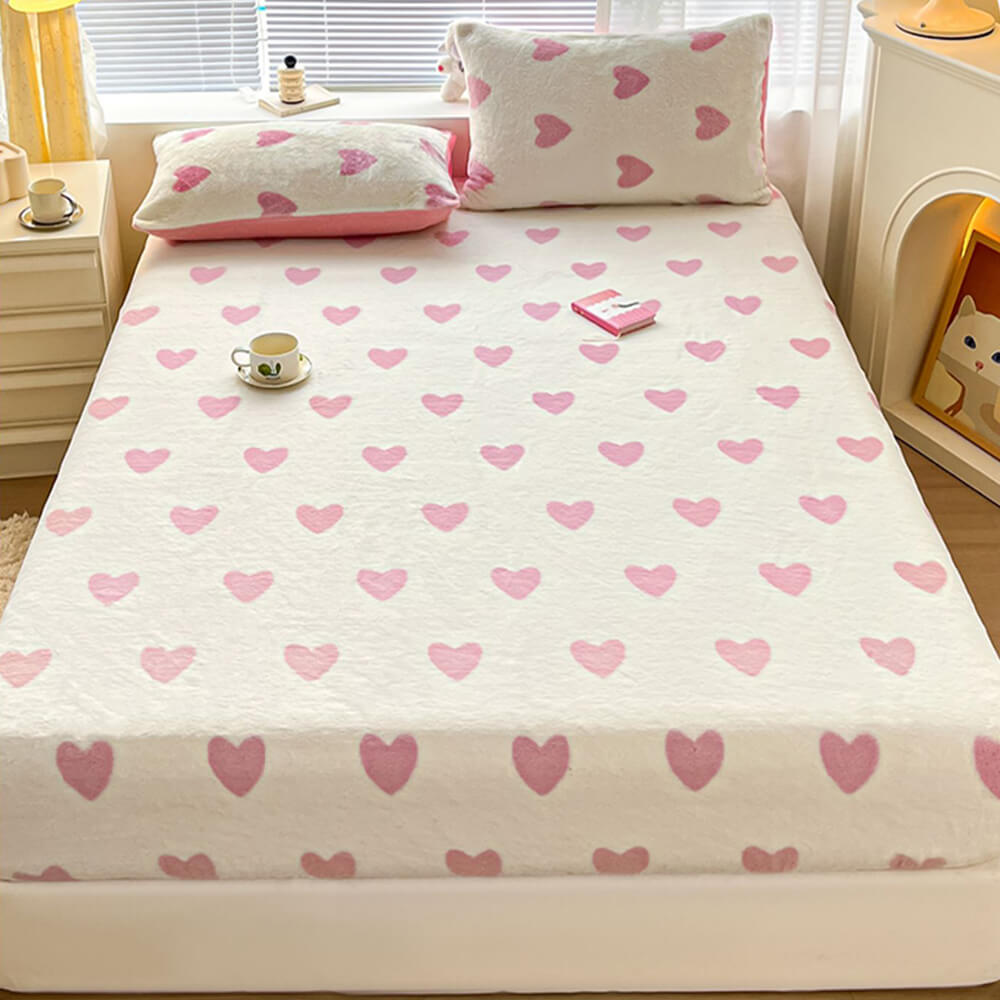 Lifestyle image: cozy bedroom with a static-free velvet fitted sheet and pillowcase set