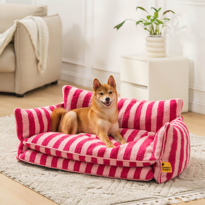 Cozy striped faux lambswool dog bed, soft pet lounger for ultimate comfort, washable design