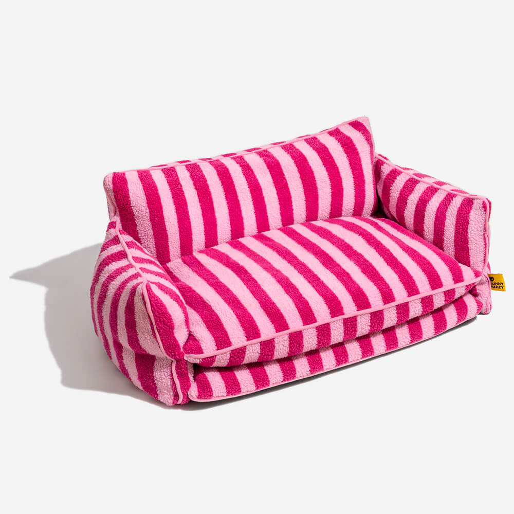 Luxurious faux lambswool pet sofa bed with stylish stripes, ideal for small dogs and cats
