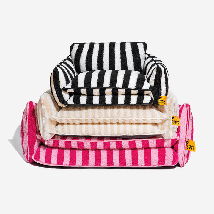 Washable striped faux lambswool dog bed, cozy pet furniture, soft and supportive for joints