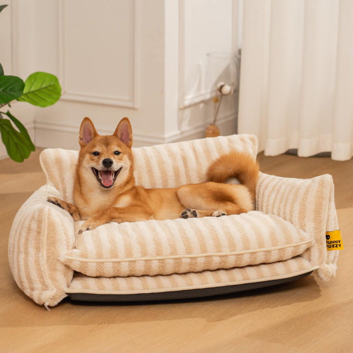 Cat bed: cozy striped faux lambswool sofa, soft and warm pet lounger, machine washable