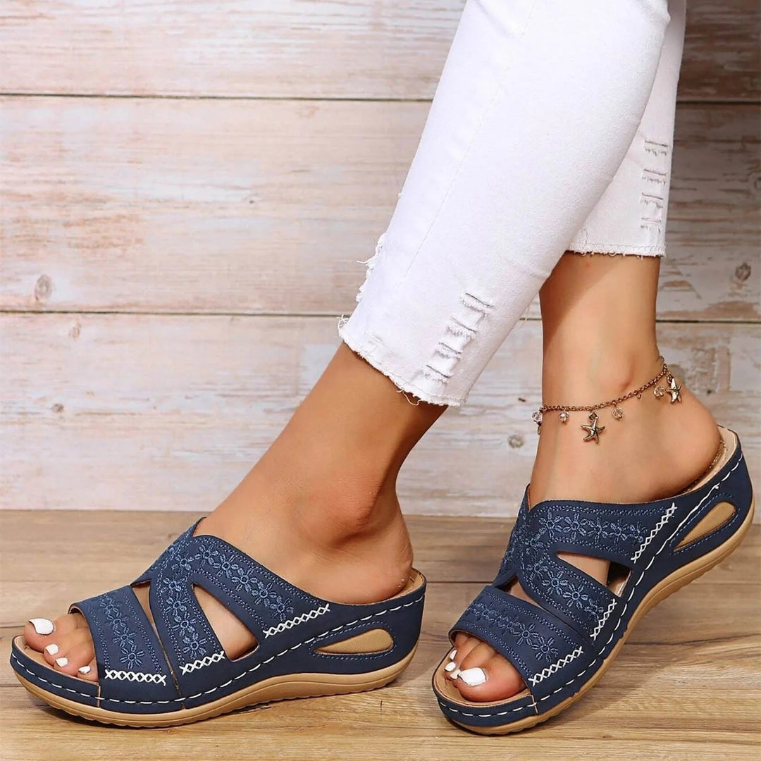 Comfortable women's orthopedic sandals with adjustable cross-straps, perfect for healthy feet & casual wear.